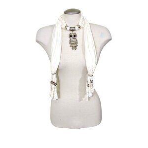 Owl Pendant Cotton Scarf Charm Neck Wrap White Fringe Tassel Fall Accessory Fun